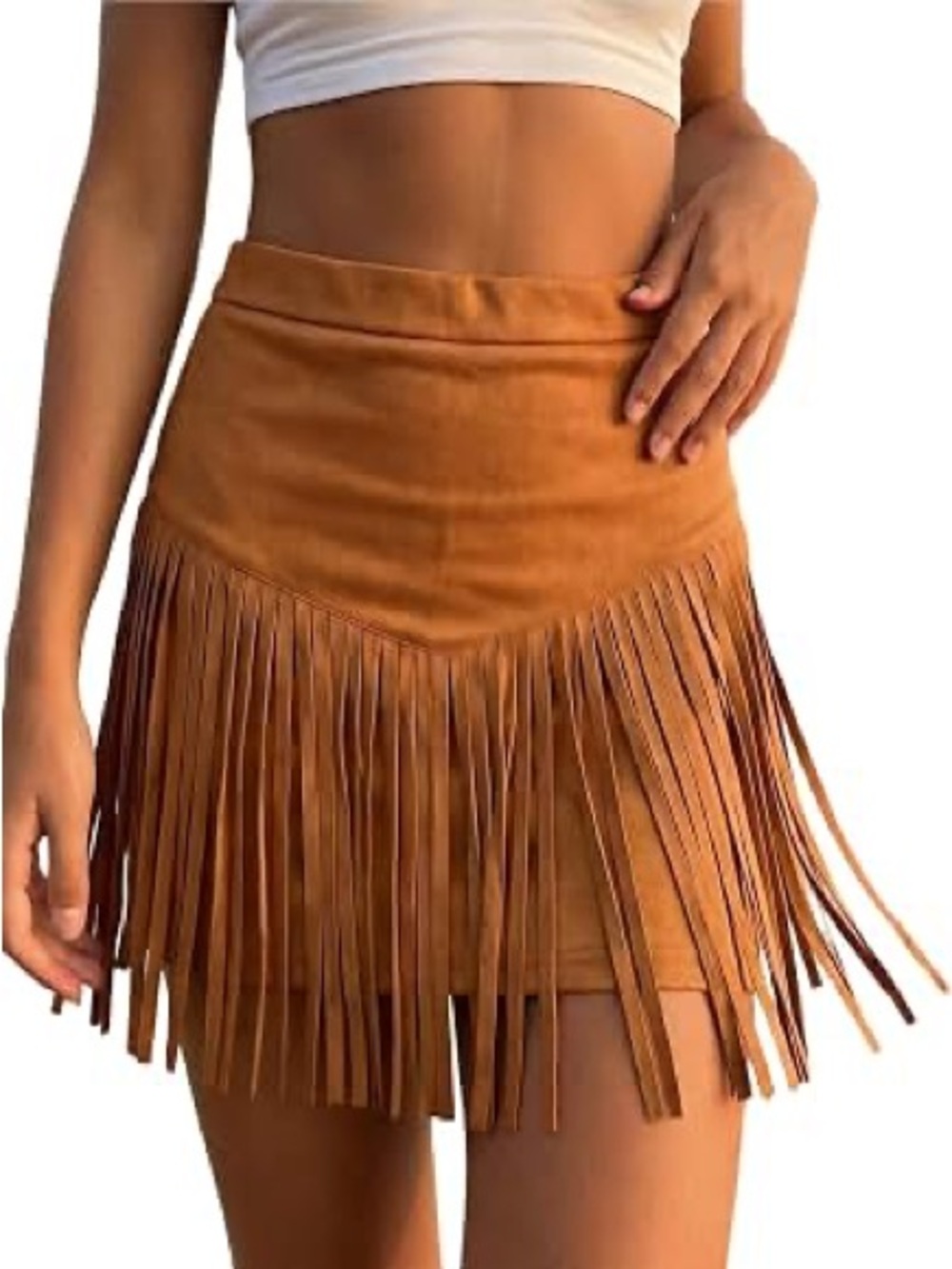 Fringed Suede Mini Skirt - Tan